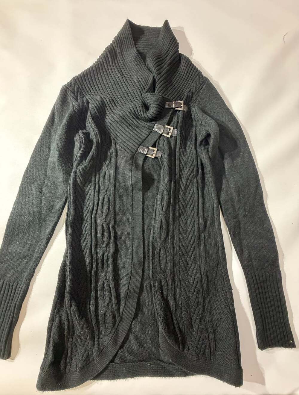 Covington Black Cable Knit Buckle Cowl Neck Cardigan Sweater Medium